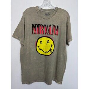 Nirvana Large Smiley T-Shirt Gray Mineral Wash Cotton Short Sleeve NWOT